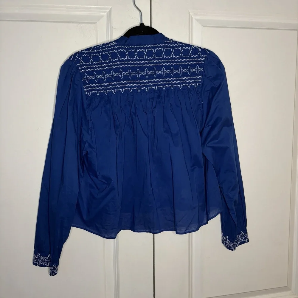 Zara Cropped Floral Blouse Womens S Blue Embroidered Boho Prairie Cottagecore - Picture 4 of 7